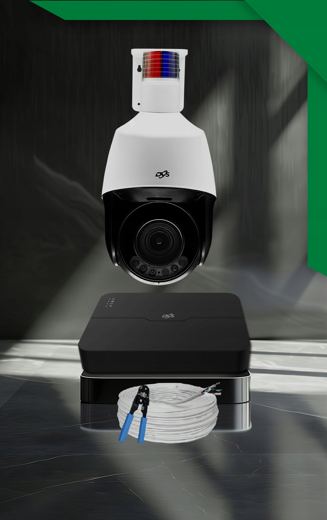 DVS surveillance kit 4 PTZ PoE 5Mpx zoom audio AI cameras Manufacturer code ZESTAW KAMER DO MONITORINGU 4 KAMERY OBROTOWE