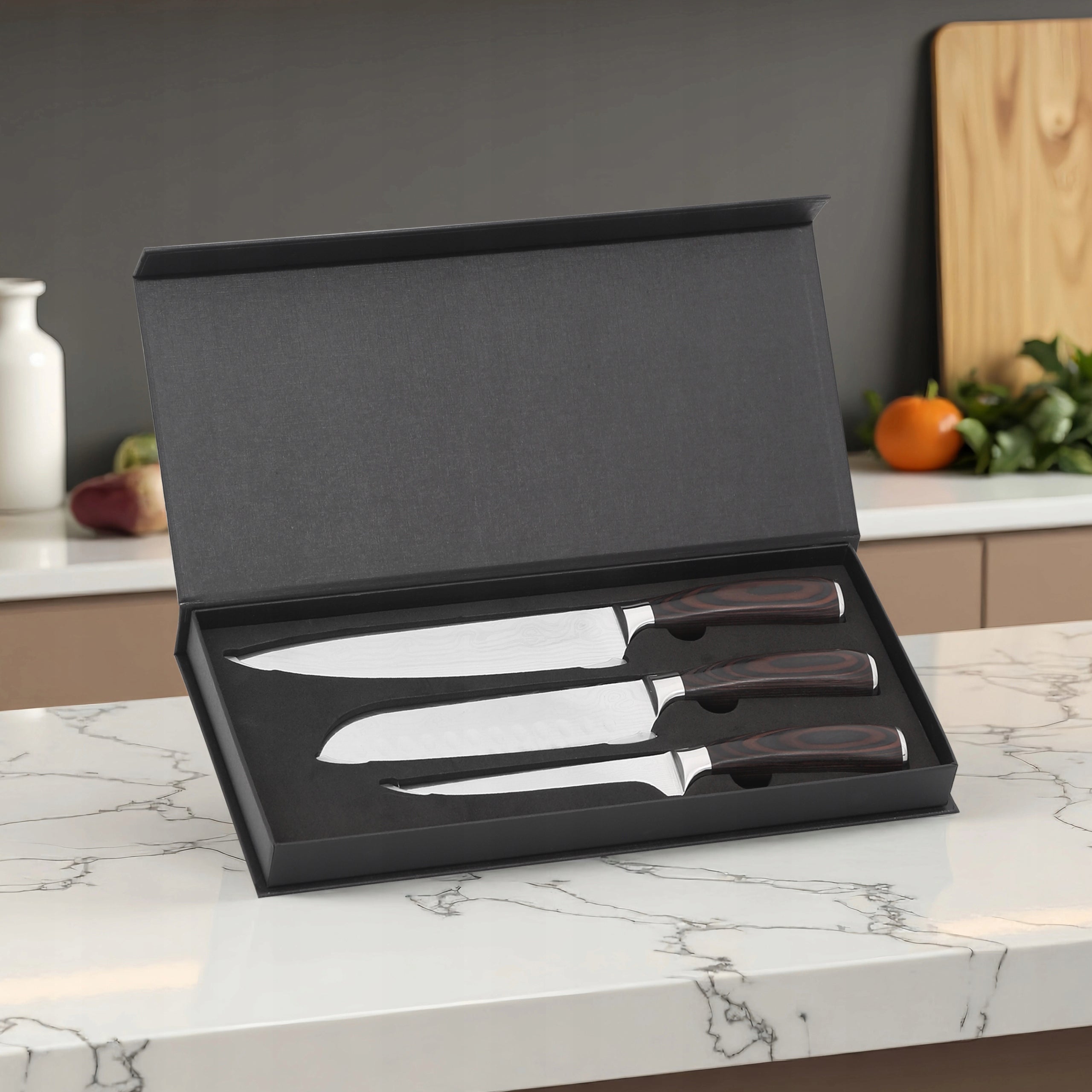 Damascus Steel 3-Piece Knife Set: Sharp Chef, Santoku & Paring Knife Kit Packaging status original