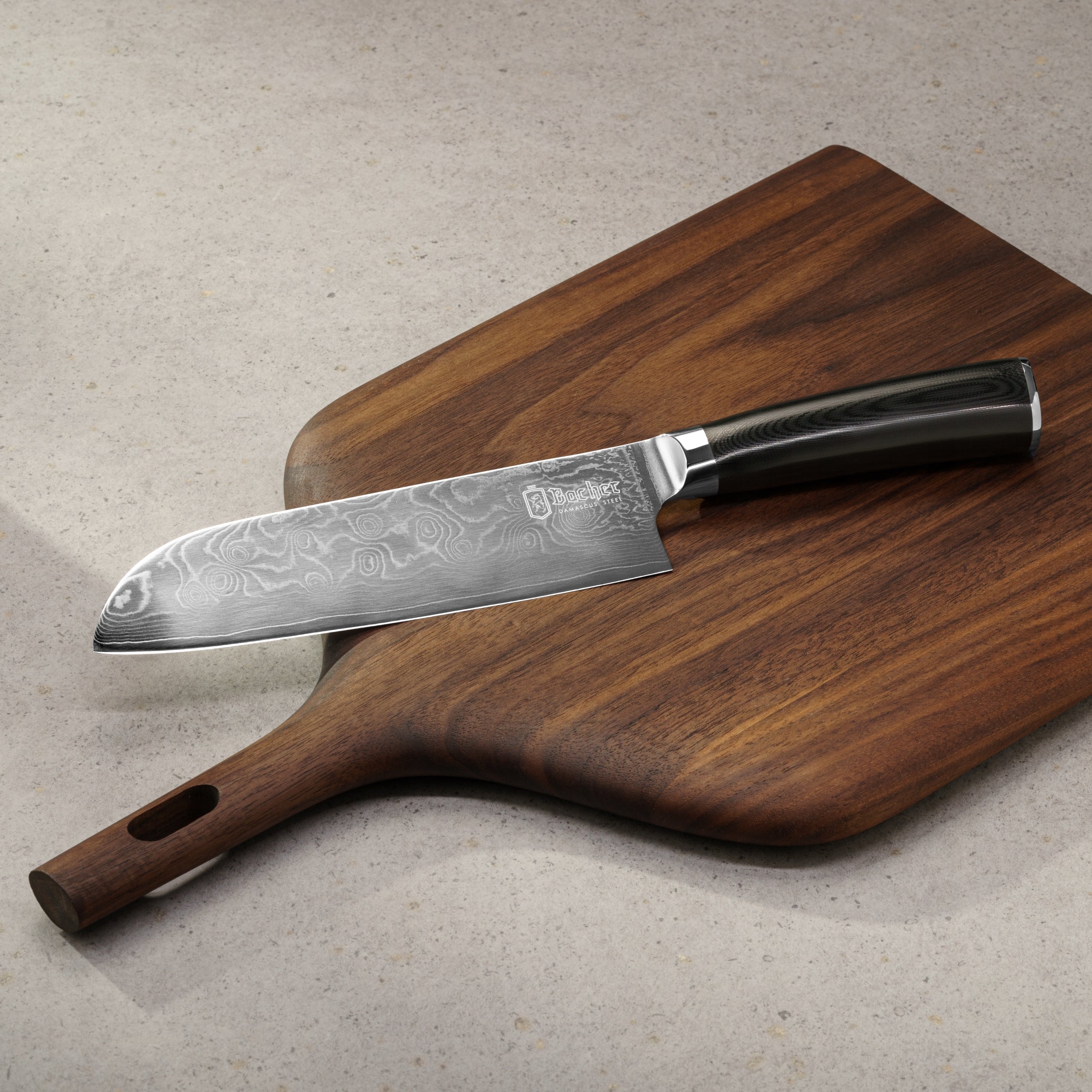 Damascus Steel Knife Kitchen Chef Japanese BACHER SANTOKU G10 Packaging status original