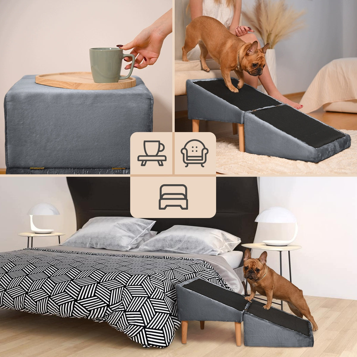 Dark gray 2-in-1 dog and cat stairs - foldable ramp, pouf , platform Packaging status original