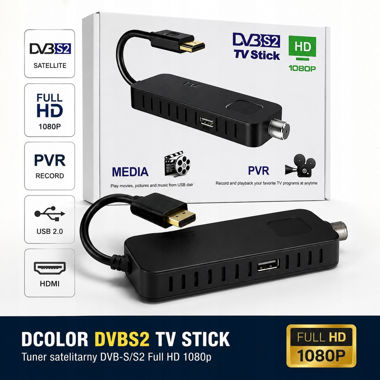 Dcolor DVBS2 TV Stick DVB-S2 Satellite Tuner Full HD 1080p HDMI USB