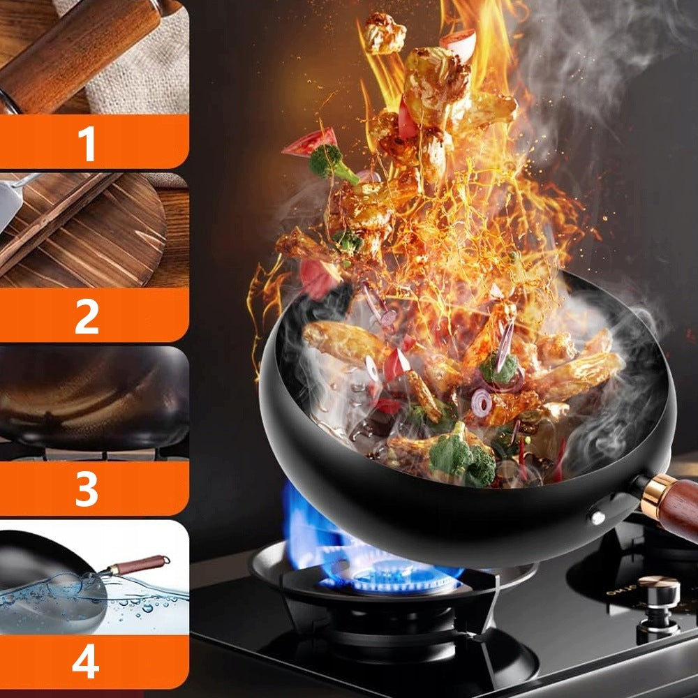 Deep Wok Pan 28 Cm With Wooden Lid Steel For Induction Black Brand Bedee