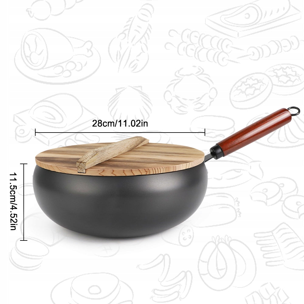 Deep Wok Pan 28 Cm With Wooden Lid Steel For Induction Black Packaging status original