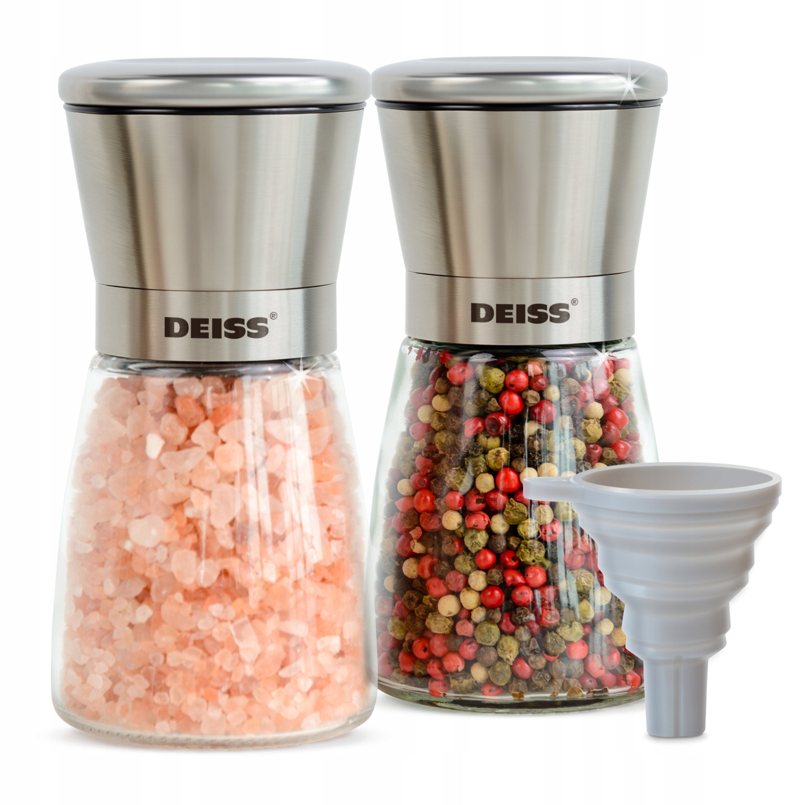 Deiss PRO Pepper and Salt Grinder Set, 2 Hand Grinders and Small Funnel