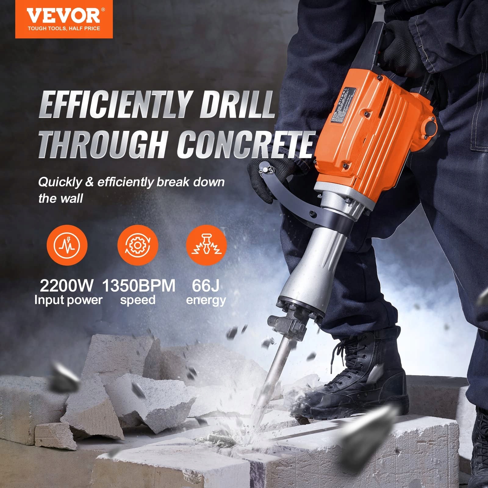 Demolition hammer Vevor DXDHYCJZPZNCPZN 66 J 2200 W Impact energy 66 J
