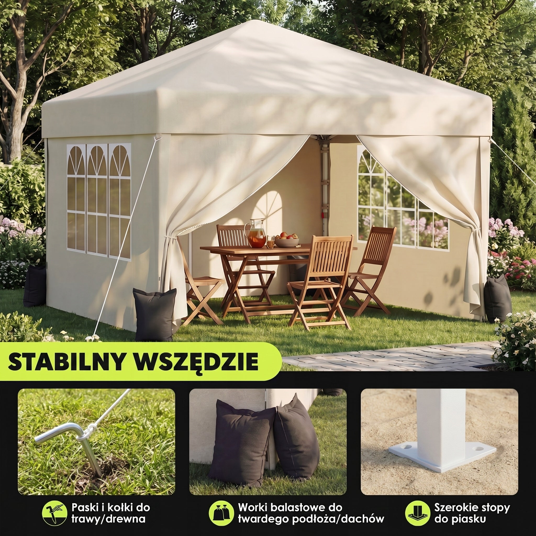 Devoko Namiot 3x3 m kempingowy, imprezowy, ogrodowy i wystawienniczy beżowy Length 300 m