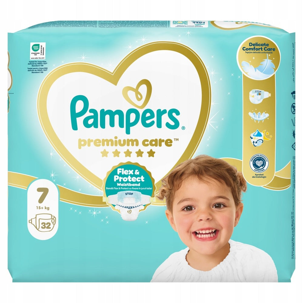 Diapers Pampers Premium Care size 7, 15+ kg, 32 pieces Packaging status original
