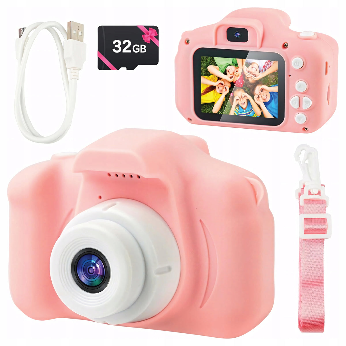 Digital Camera for Kids Camera Card 32GB Pink Selfie Games