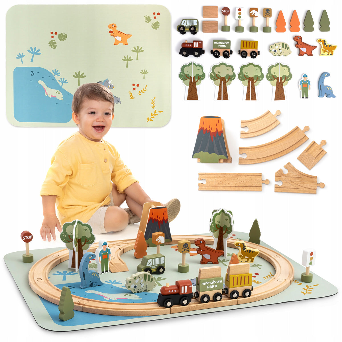 Dino Park wooden railway with mat – dinosaurs, train, tracks, volcano