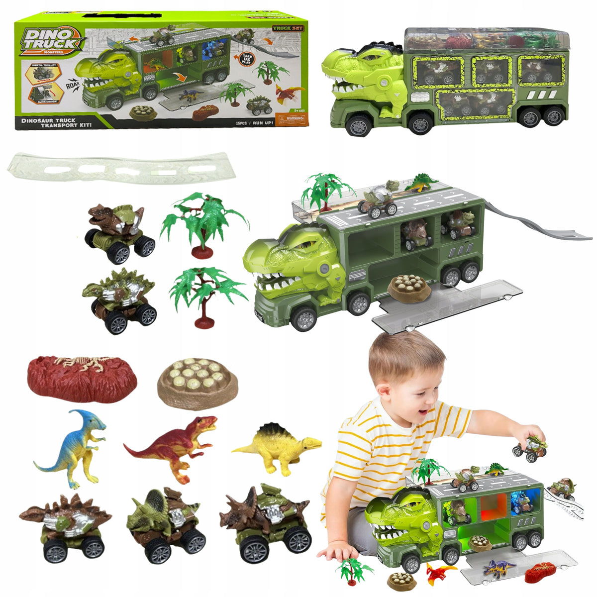 Dinosaur Transporter Truck with Ramp 5 Cars Dino Figurines Launcher