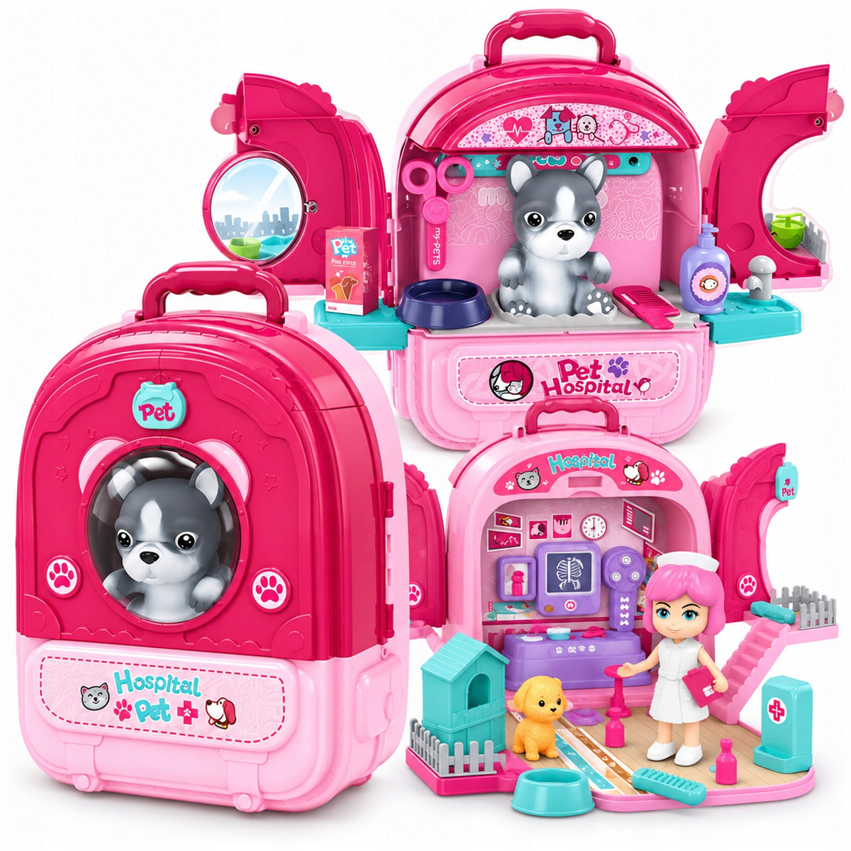 Dog Beauty Salon Animal Clinic Backpack Toy Set 3in1 DIY