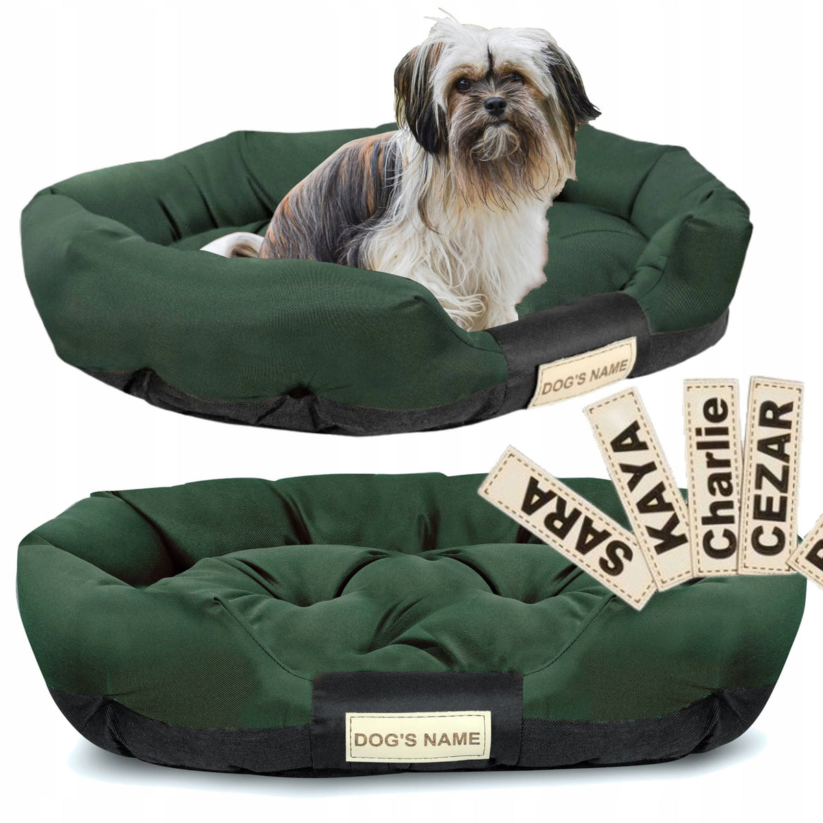 Dog Bed Cat Bedding Basket Waterproof Green + Name 75x50 cm