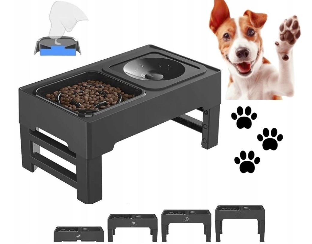 Dog Bowl Double Non-Spill Slowing Adjustable on Stand 2in1 Packaging status original