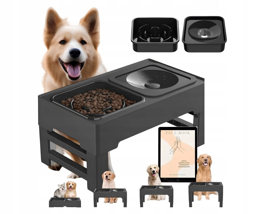 Dog Bowl Double Non-Spill Slowing Adjustable on Stand 2in1