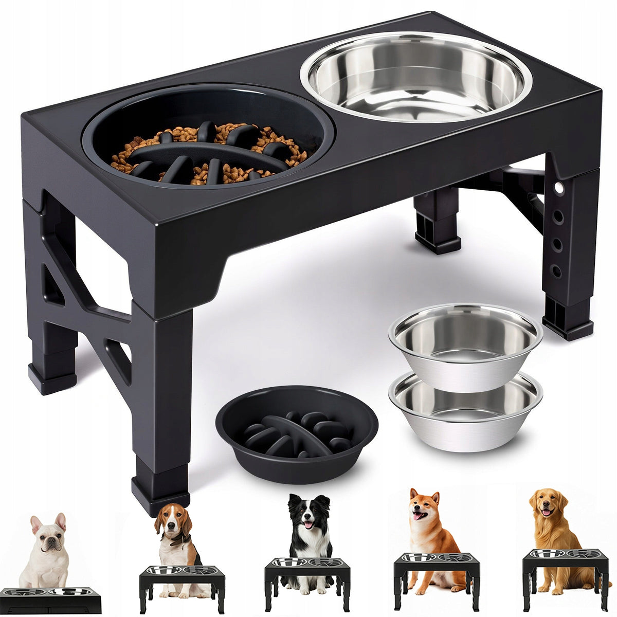 Dog Bowl Slowing Food Stand Adjustable ABS+Stainless Steel