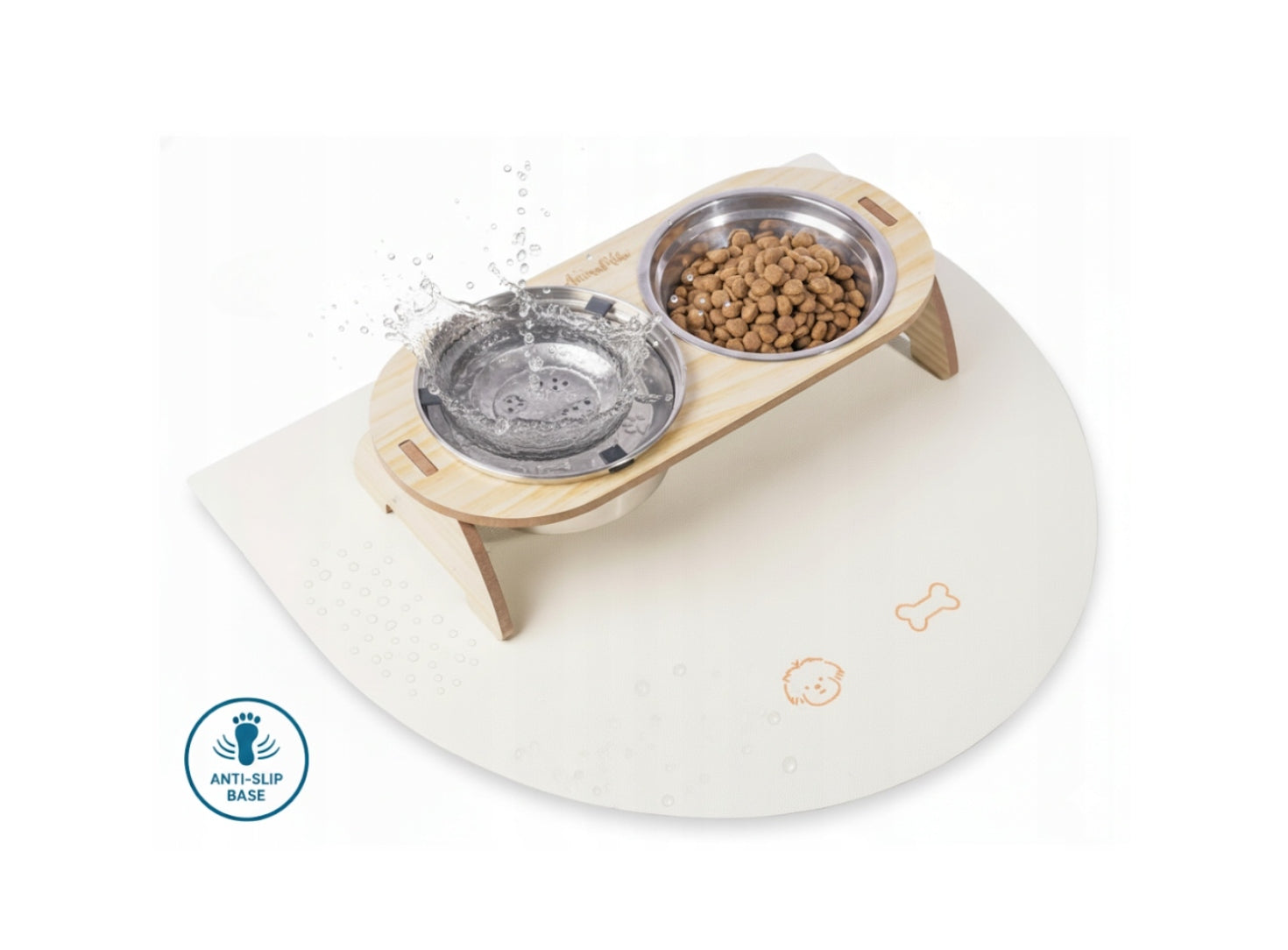 Dog Bowl on Wooden Stand Double Set 2x1L Metal Anti-CHLAP