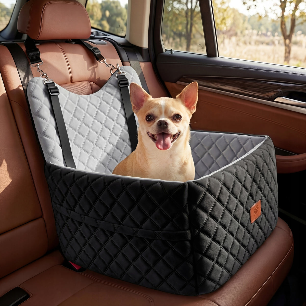 Dog Car Seat, Memory Foam, Pet Bed, 2 Safety Belts,Storage Bag, Black Gray