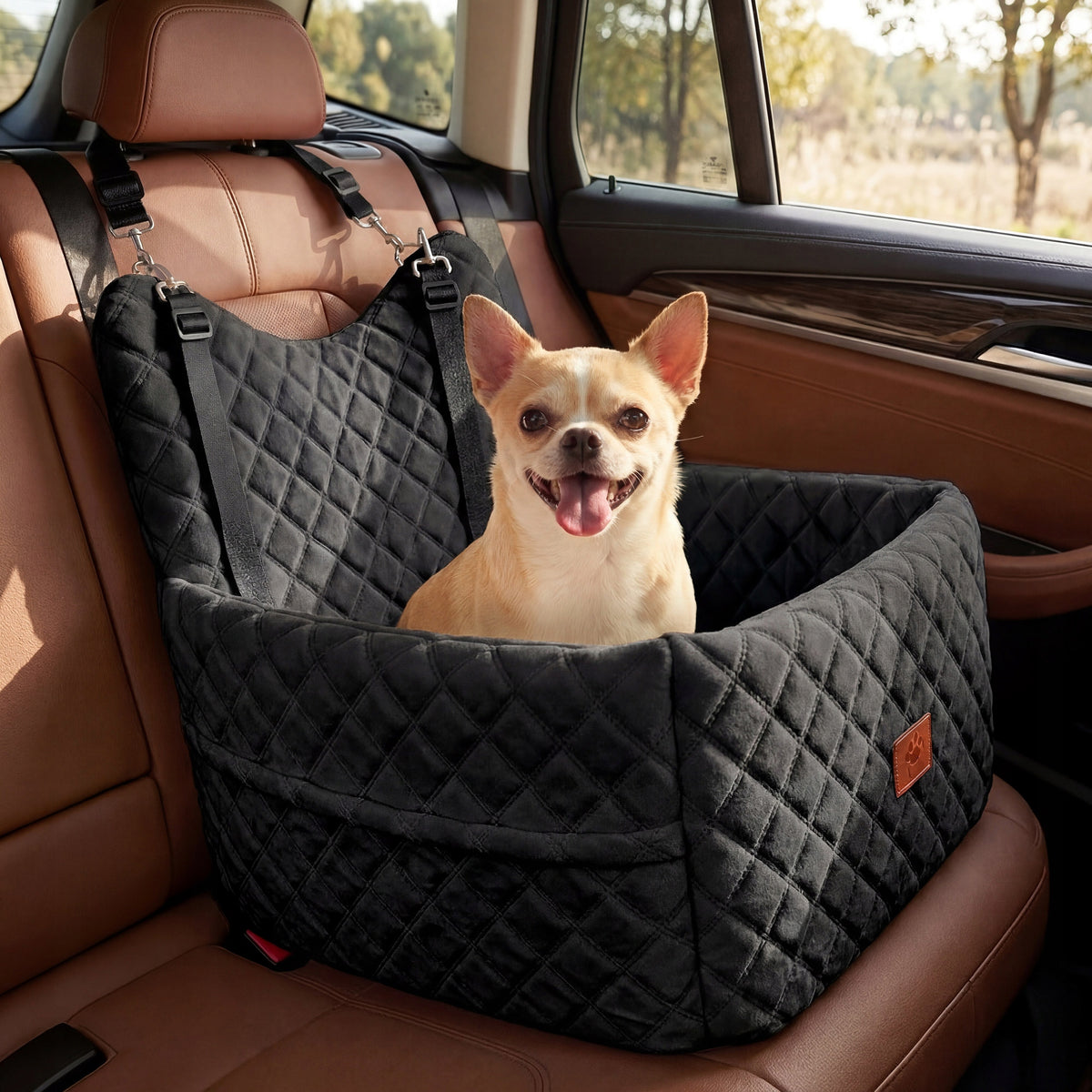 Dog Car Seat, Memory Foam, Pet Bed, 2 Safety Belts,Storage Bag, Black