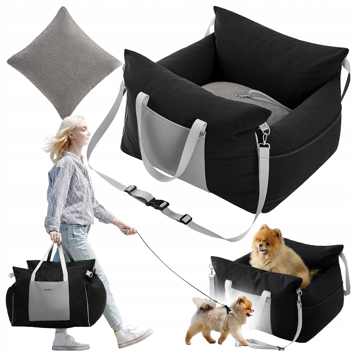Dog Car Seat Transporter Cat Grey with Clasp Bed