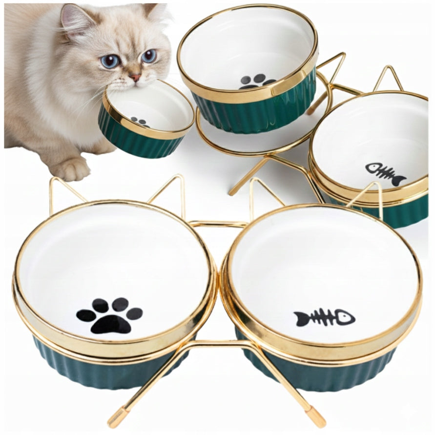 Dog Cat Bowl Double Ceramic Set of 2 Bowls Stand 600ml