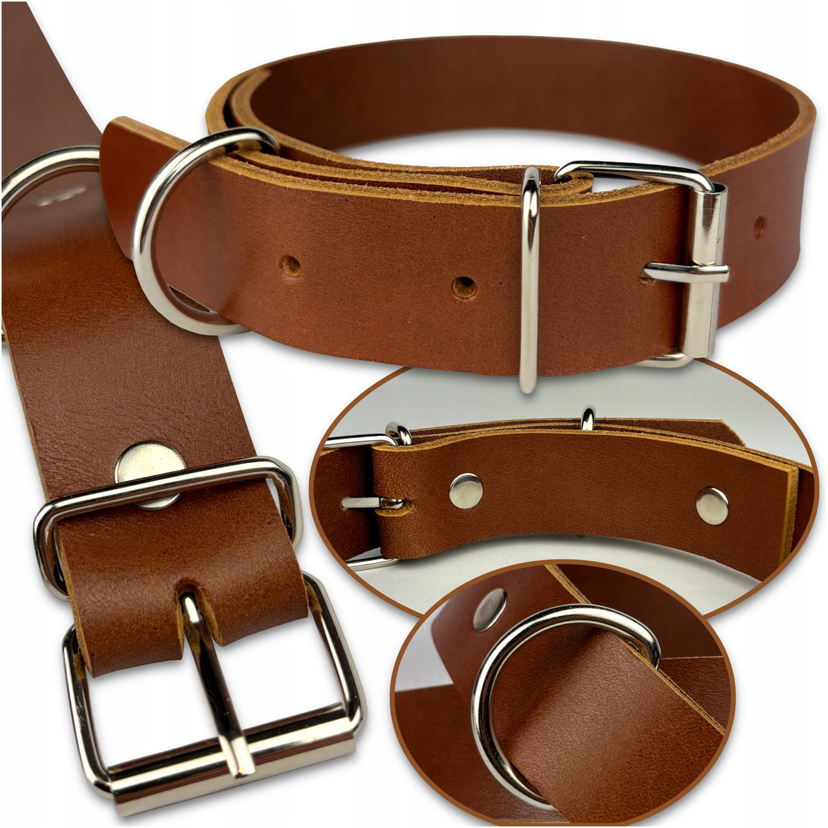 Dog Collar 100% Natural Cowhide Leather - Steel Buckle Strong Thick L