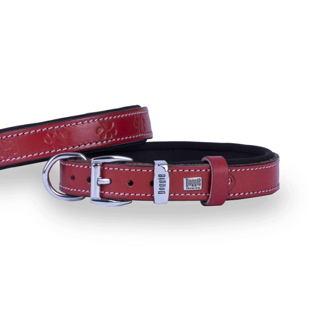 Dog Collar Leather Dog Paws Soft Lining 2x35-40cm Red