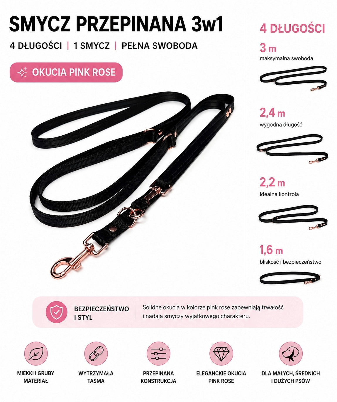 Dog Leash Adjustable Retractable Pink Gold Pink Rose 3-2,4-2,2-1,6m Manufacturer code 7887766