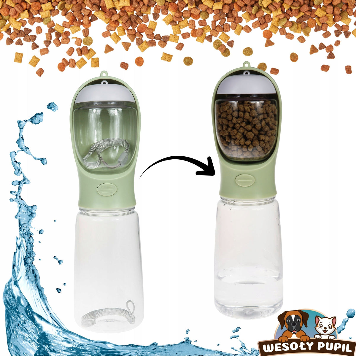 Dog Water and Food BOTTLE with Bowl 3in1 Tourist BOTTLE 550ml for Summer Manufacturer code BIDON dla psa z miską 3w1 na wodę jedzenie