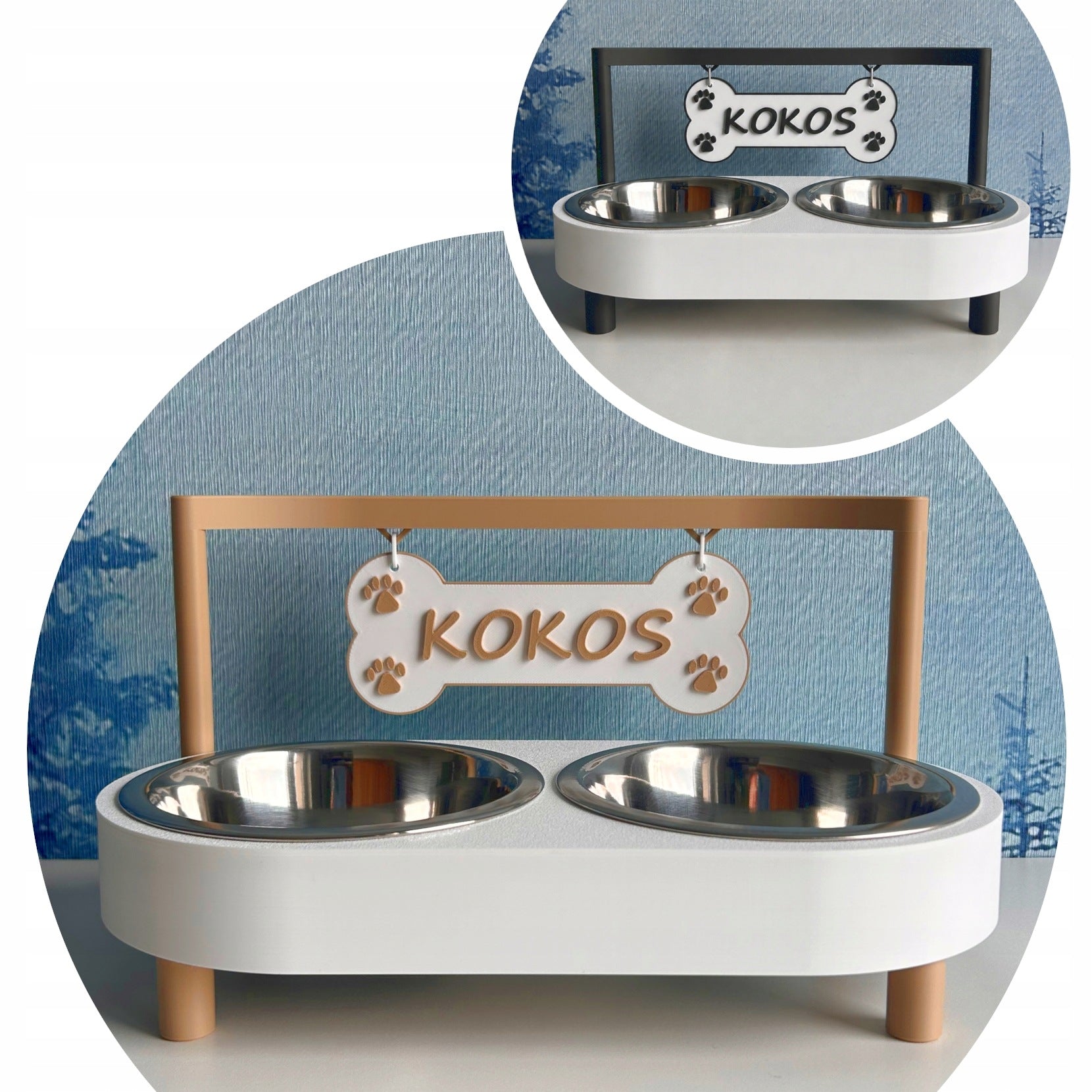 Dog bowl with pendant and name / double / Buffet on feet CUBE