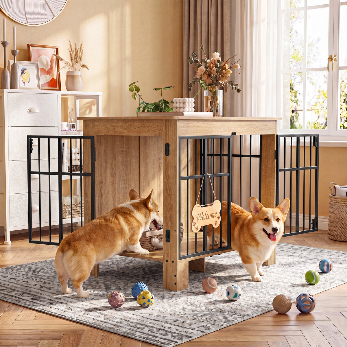 Dog cage Lockable Household with entrance Kennel Cage 85x55x75cm Beige