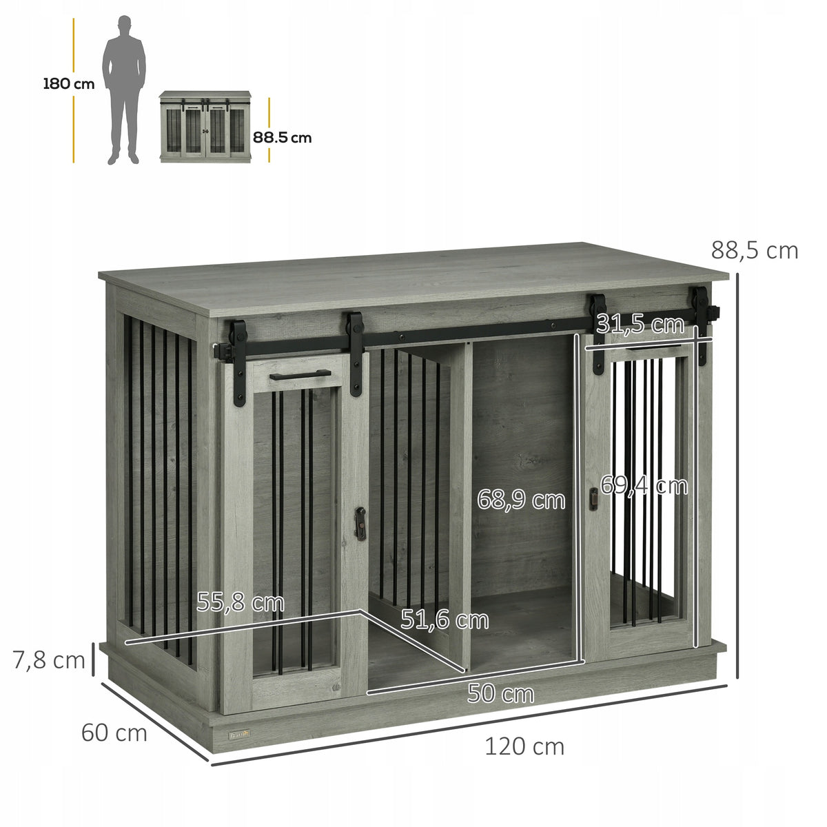 Dog cage, kennel, with two rooms and double doors, grey Manufacturer code D02-085V80GY