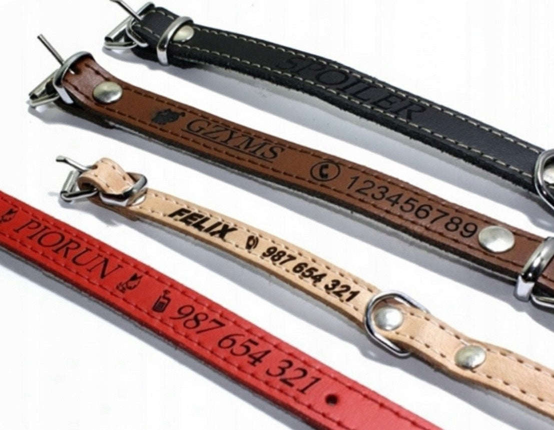 Dog collar with engraving - name and phone. Leather ros. 37-45cm 7 colors Manufacturer code Obroża