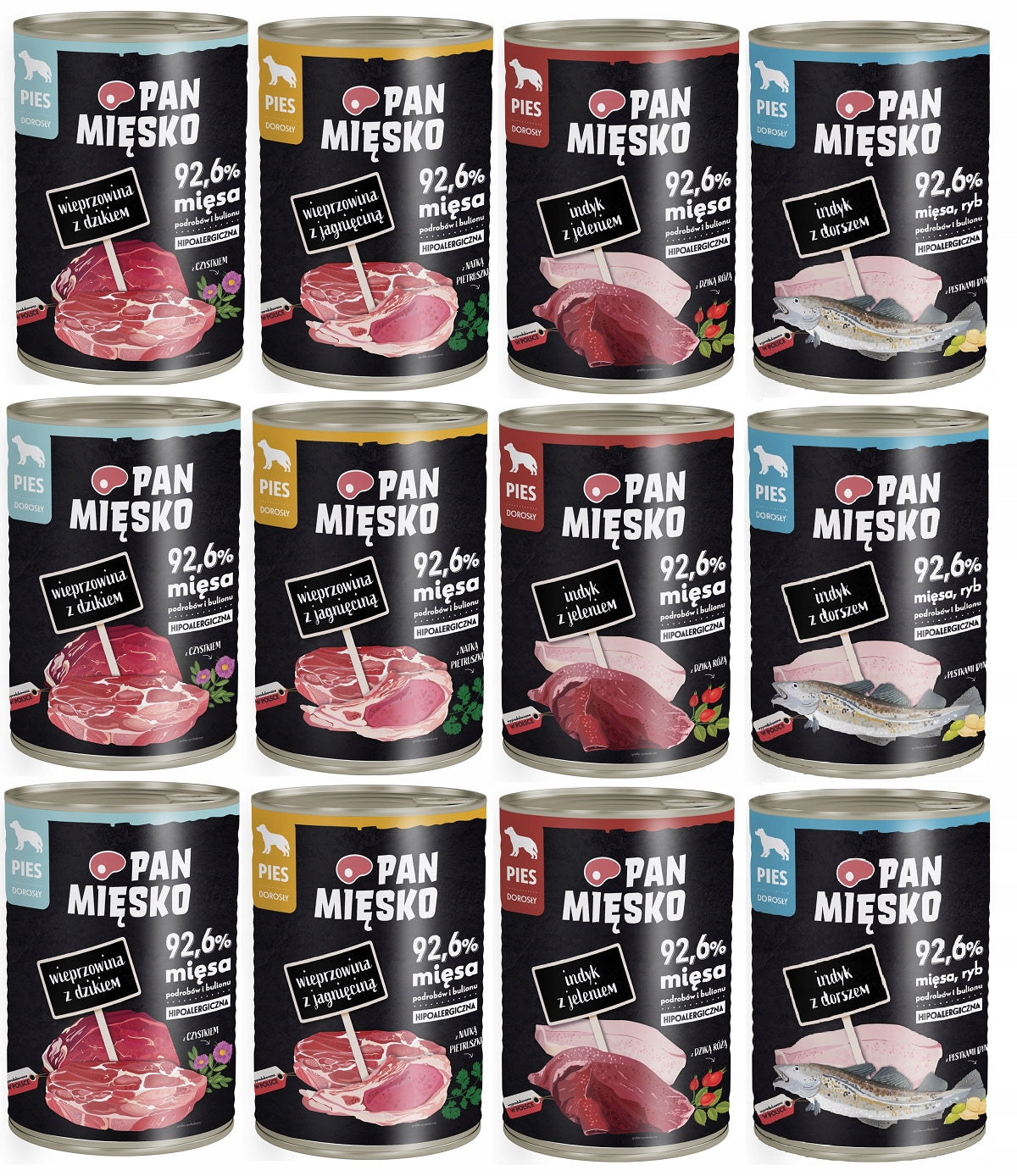 Dog food Pan Mięsko 12 x 400g Mix of flavors york Maltese bulldog