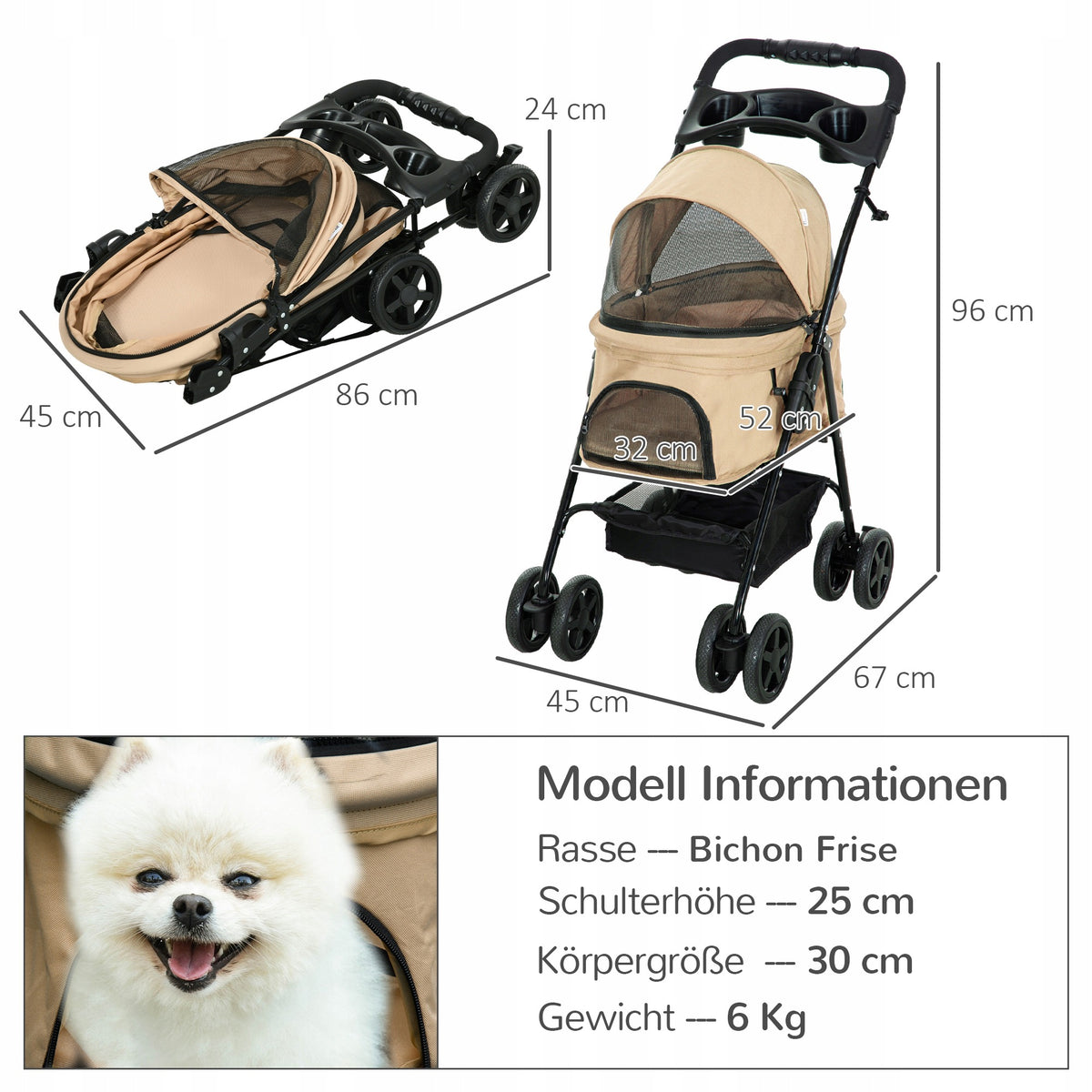 Dog stroller PawHut khaki 67x45x96 cm Manufacturer code D00-127V00KK