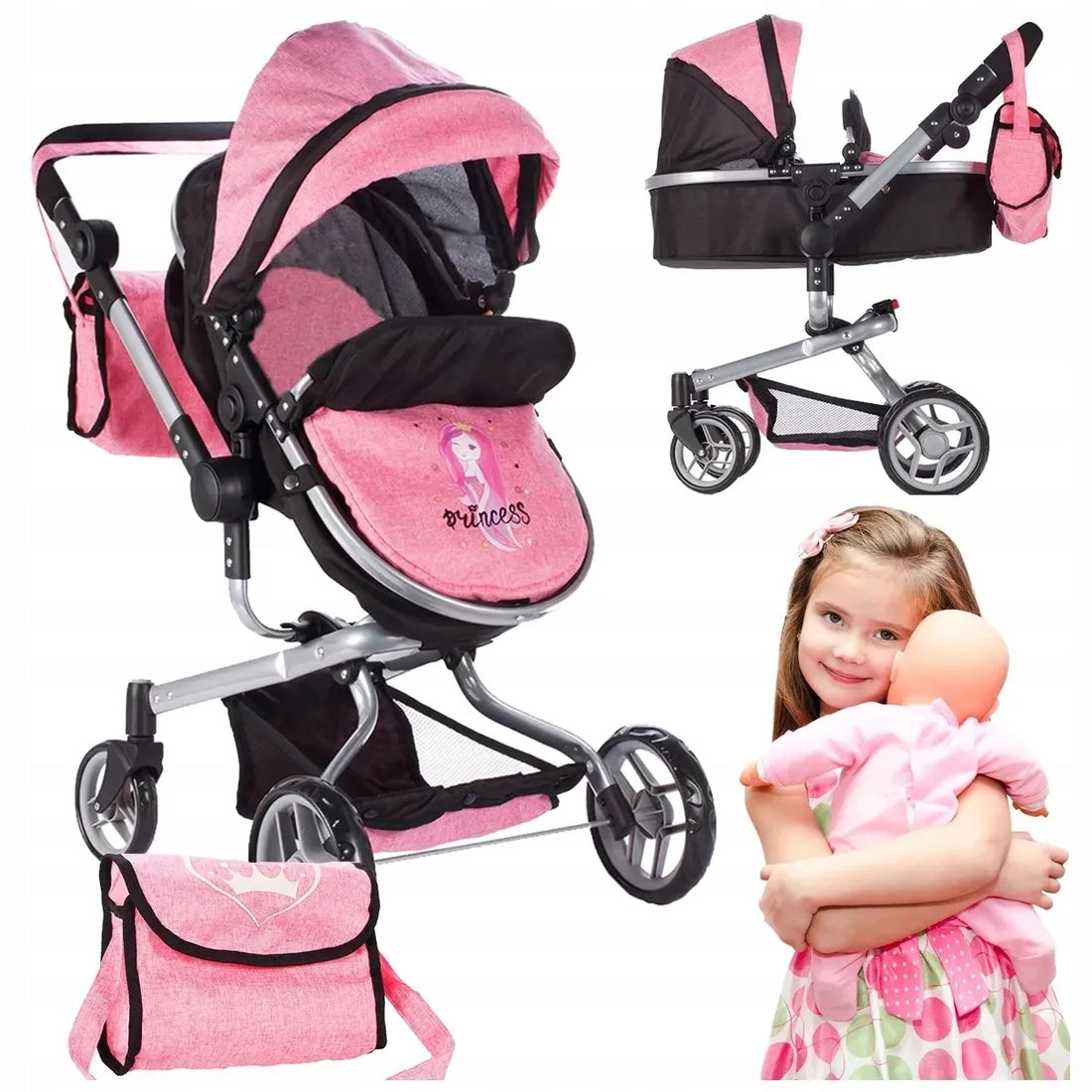 Doll Stroller Deep 2in1 Stroller Gondola Folding Adjustable +Bag