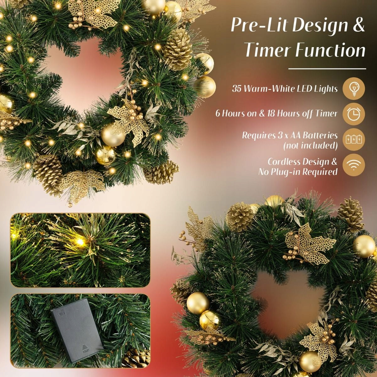 Door reed Christmas Door wreath 60cm with lights Manufacturer code CM24551