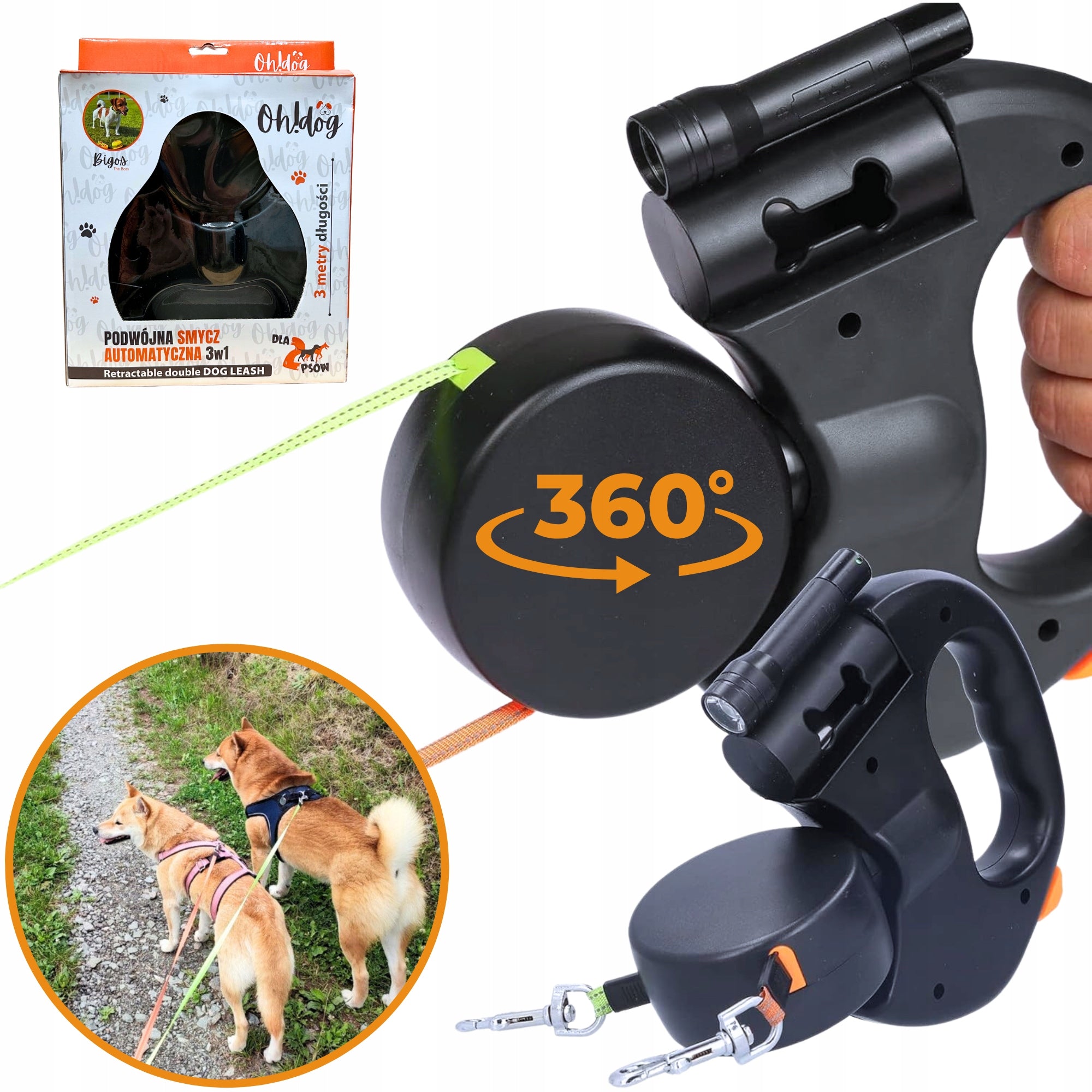 Double LANYARD For Two Pów 3m Automatic Black Oh!dog Retractable Tape