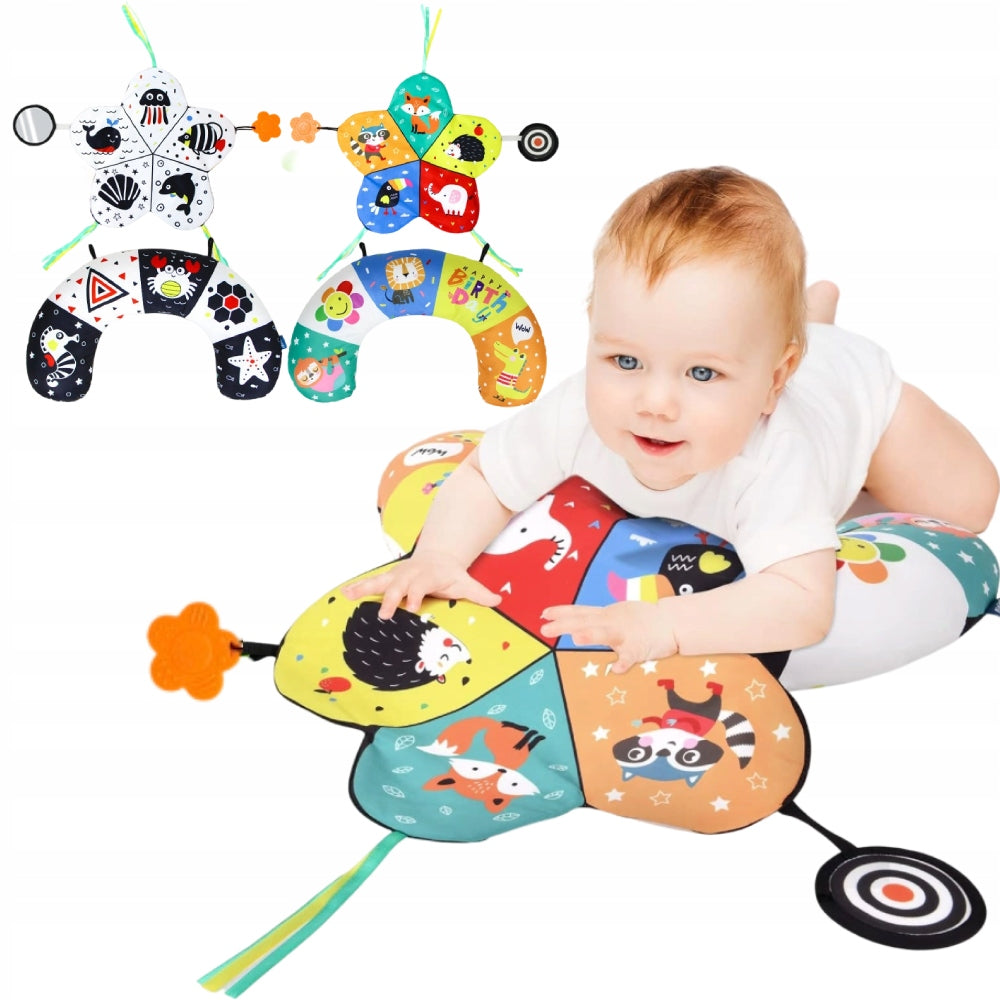 Double-Sided Sensory Baby Toy Play Pillow With Mirror&Teether