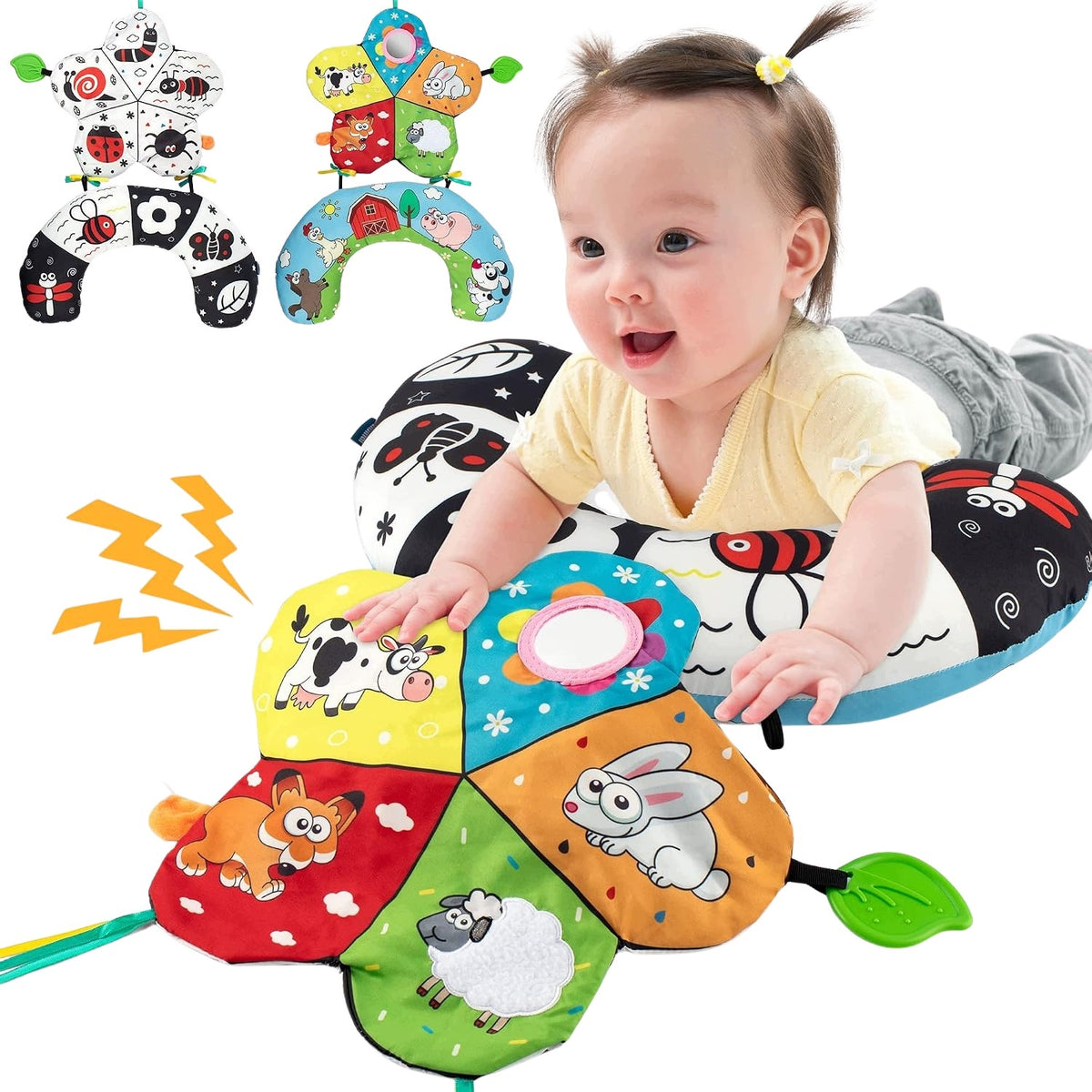 Double Sided Sensory Pillow for Infants with Pendant Mirror Teether