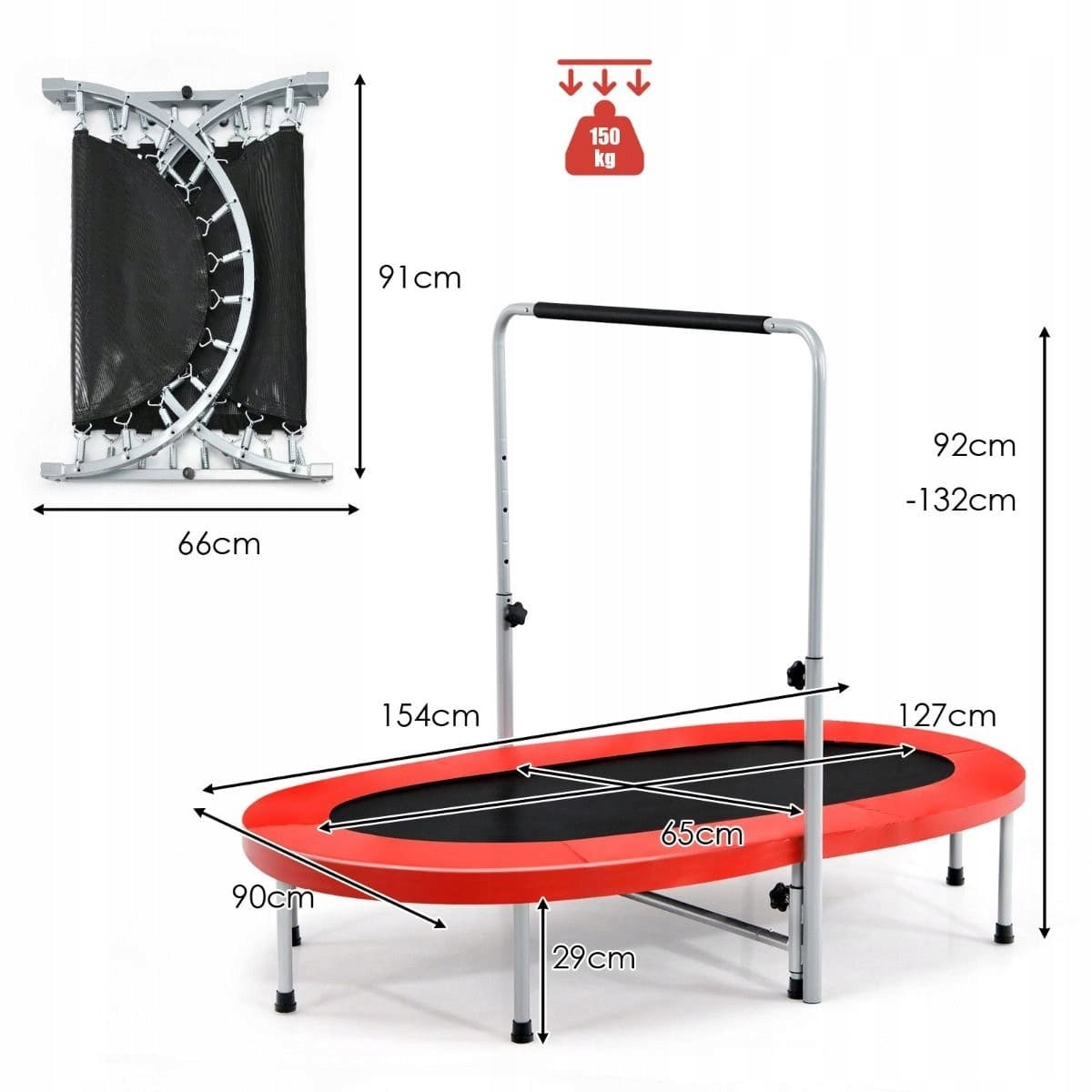 Double fitness trampoline with handrail 154 x 90 x 92-132 cm Brand Costway