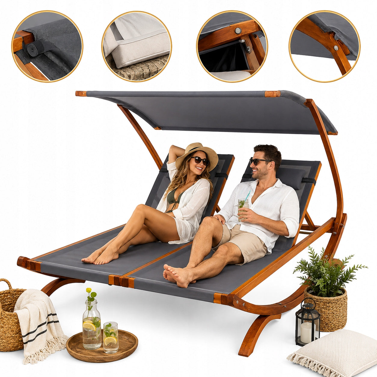 Double garden sun lounger 154x213x182 cm brown-grey