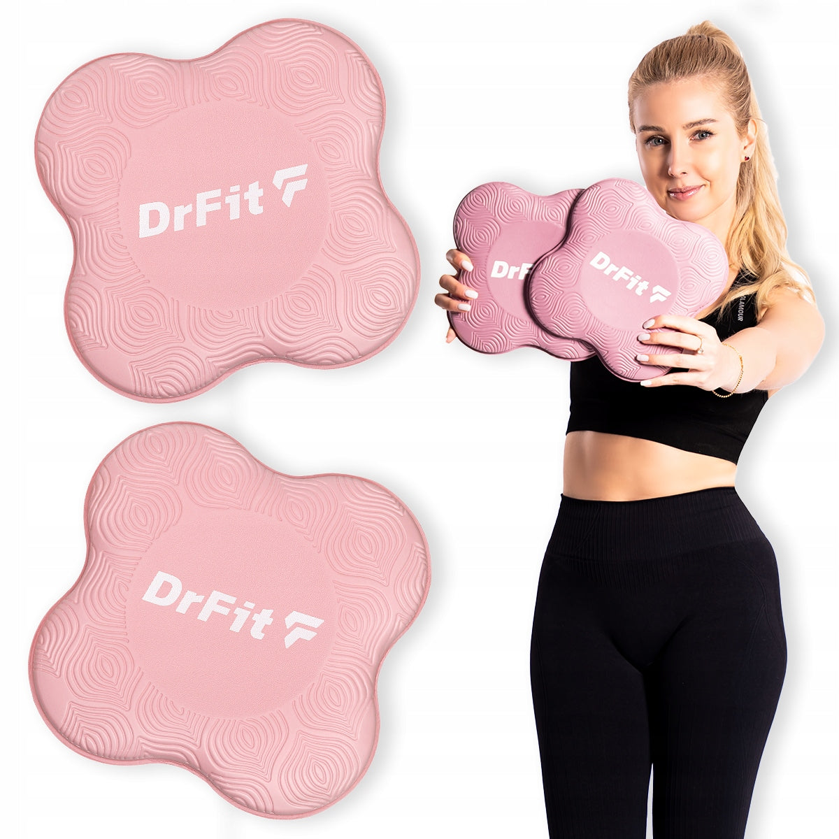 DrFit Yoga pads cushioning under knees, hands, hips pink