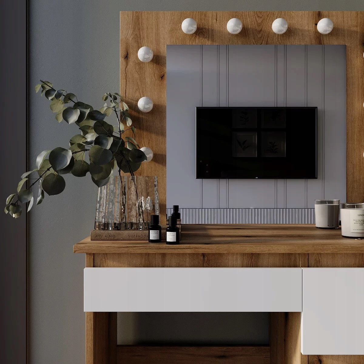 Dressing Table Beauty LED Oak With Mirror and Drawers Furniture depth 43 cm
