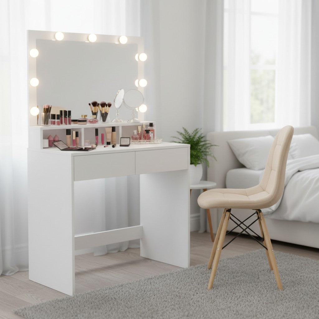 Dressing Table Cosmetic With LED Mirror 2 Drawers 3 Compartments + Chair Velour Furniture width 80 cm