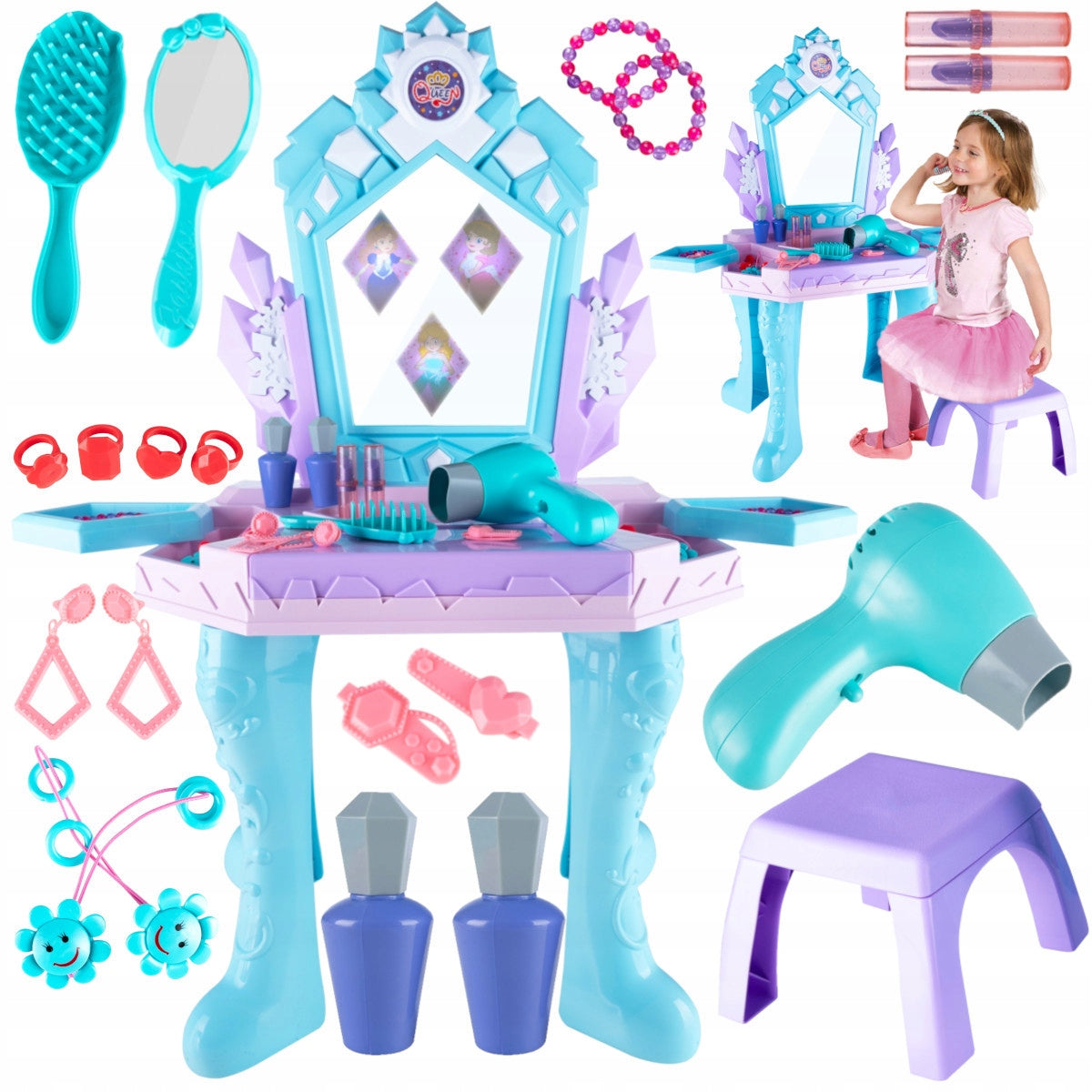 Dressing Table For Girls Frozen Illuminated Mirror Stool Dryer Packaging status original