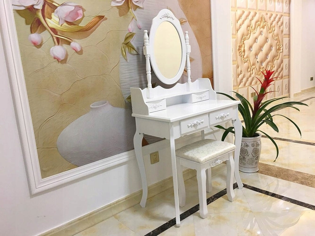 Dressing Table cosmetic white MDF with swivel mirror and stool, 4 drawers Brand no brand