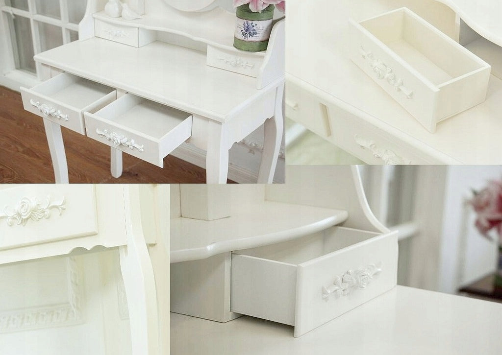 Dressing Table cosmetic white MDF with swivel mirror and stool, 4 drawers Furniture depth 40 cm