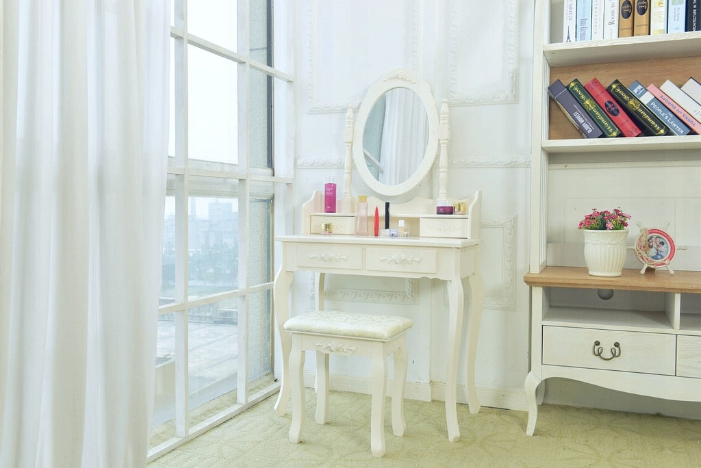 Dressing Table cosmetic white MDF with swivel mirror and stool, 4 drawers Furniture height 143 cm