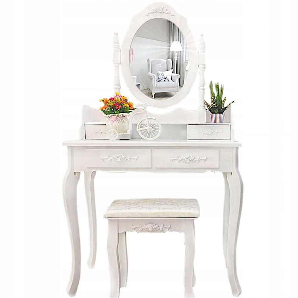Dressing Table cosmetic white MDF with swivel mirror and stool, 4 drawers