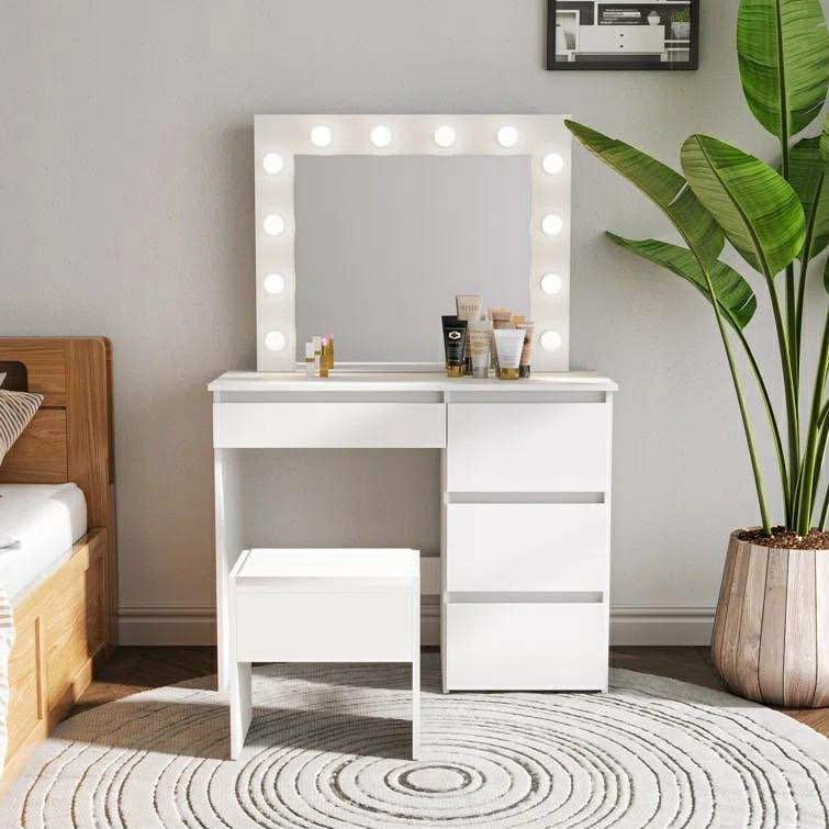 Dressing Table cosmetic white with LED mirror 12 bulbs and stool Furniture width 94 cm